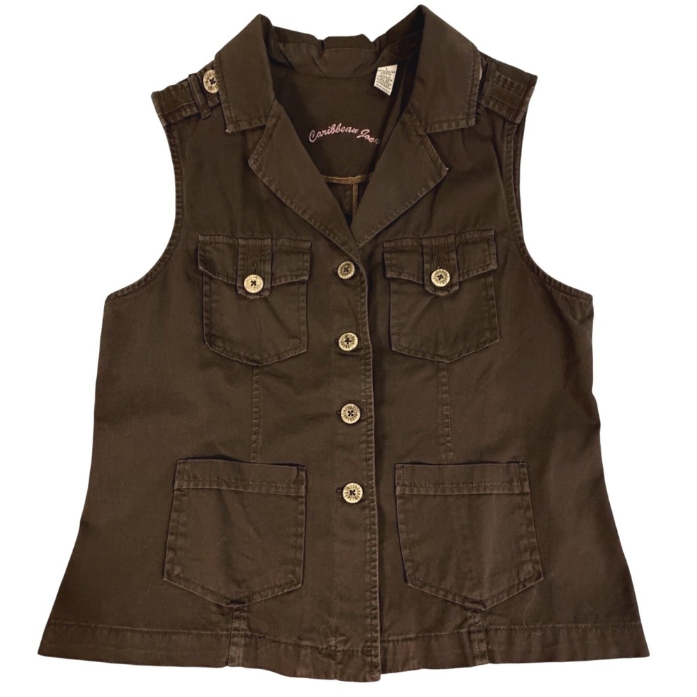 Utility Vest Button Front‎ Collared Sleeveless Chocolate Pockets Size L Western